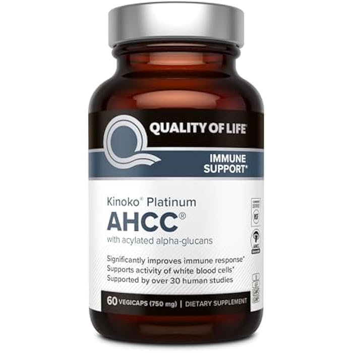 Quality of Life مكمل كينوكو بلاتينيوم AHCC العشبي الفاخر، 750 ملغ لكل كبسولة، لدعم المناعة، وظيفة الكبد، يحافظ على نشاط خلايا القاتل الطبيعي، عبوة من 1، 60 كبسولة نباتية - Image 1