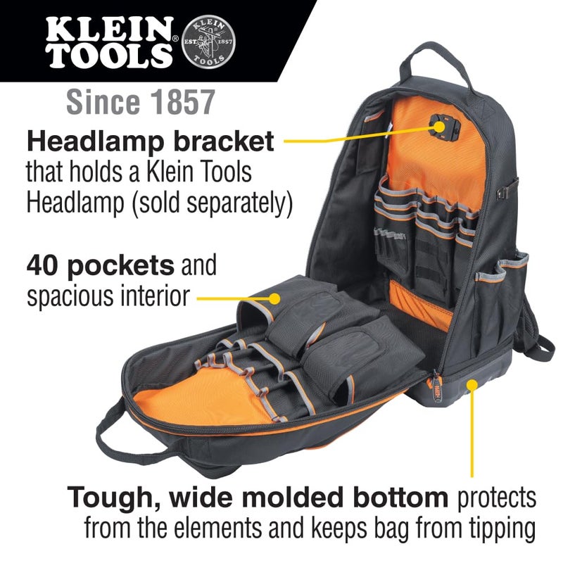 Klein Tools 62800BP Backpack Tool Bag, Tradesman Pro Extra-Large 40-Pocket Electrician Jobsite Backpack with Molded Bottom, Charging Port - Image 2