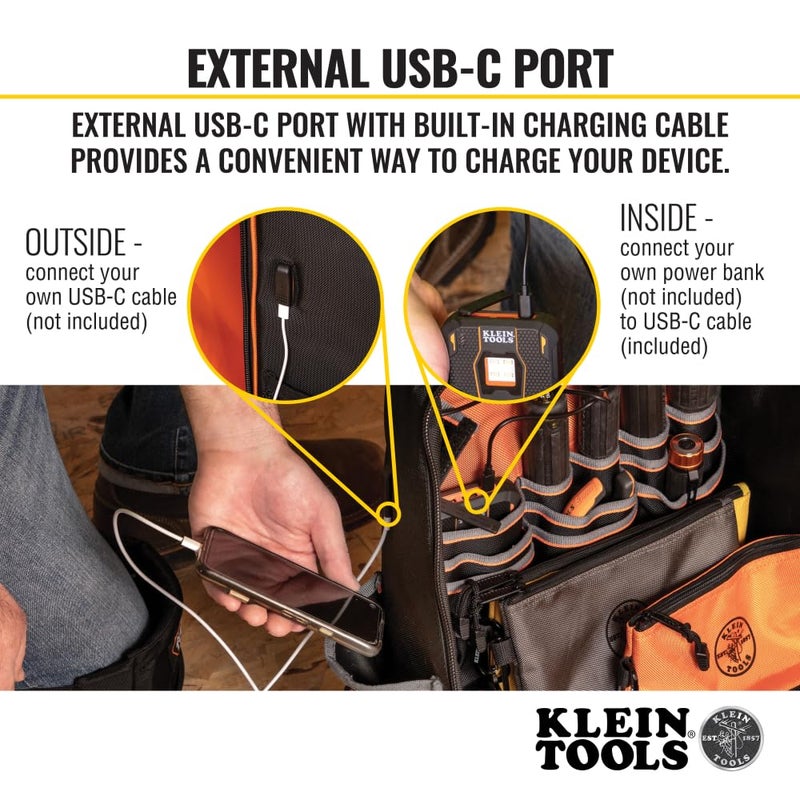 Klein Tools 62800BP Backpack Tool Bag, Tradesman Pro Extra-Large 40-Pocket Electrician Jobsite Backpack with Molded Bottom, Charging Port - Image 3