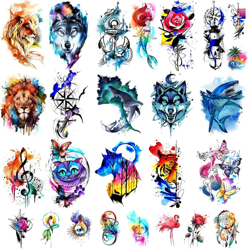 Roarhowl 48 Watercolor temporary tattoos for adult and kidsArm tattoo body tattoo watercolor lion wolf mermaid cat tigerwaterproof temporary tattoos realistic for women girls and kids