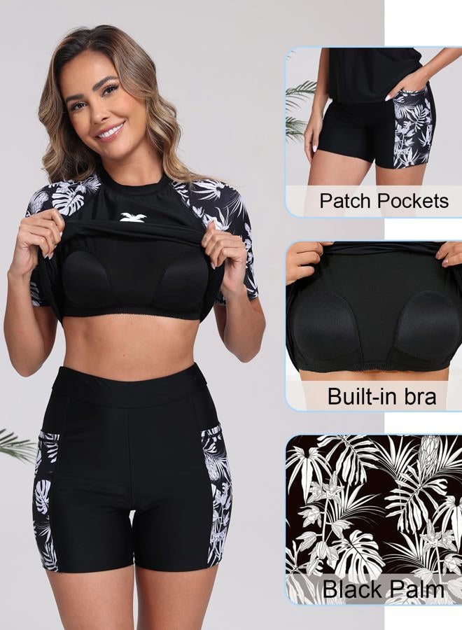 Halcurt Women's Two Piece Rash Guard Swim Shirts Built in Bra Swimsuit with Boyshorts with Pockets, Black Palm, L - Image 5