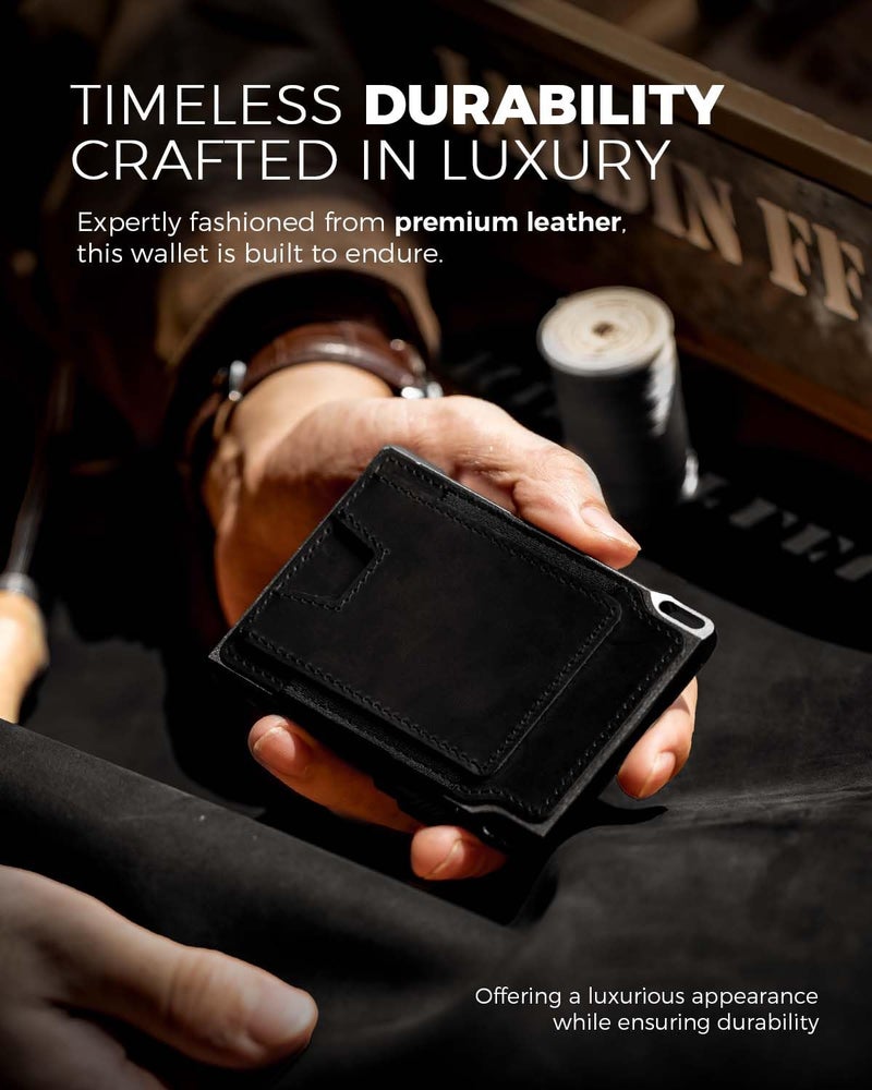 LORZOR Slim Wallet for Men- Minimalist Tactical Full Grain Leather Wallet for 10 Cards, RFID Blocking Aluminum Cardholder, Smart Pop Up Card Case, Front Pocket, Money Clip, Gift for Men(VintageBlack) - Image 2