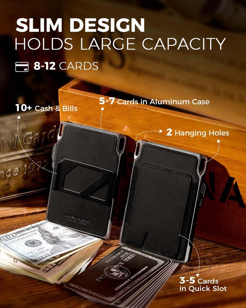 LORZOR Slim Wallet for Men- Minimalist Tactical Full Grain Leather Wallet for 10 Cards, RFID Blocking Aluminum Cardholder, Smart Pop Up Card Case, Front Pocket, Money Clip, Gift for Men(VintageBlack) - Image 4