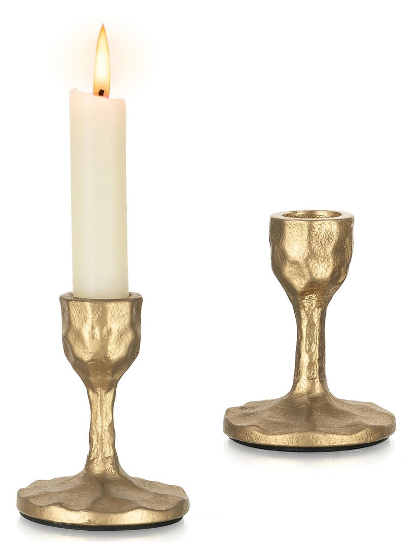 Inweder Antique Brass Candlestick Holders Cast Iron Taper Candle Holder Handcrafted Gold Vintage Candle Sticks Holder Rustic Fall Decor for Dinning Table Mantel Home Party Set of 2 - Image 2