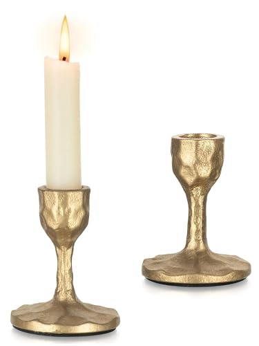 Inweder Antique Brass Candlestick Holders Cast Iron Taper Candle Holder Handcrafted Gold Vintage Candle Sticks Holder Rustic Fall Decor for Dinning Table Mantel Home Party Set of 2 - Image 1