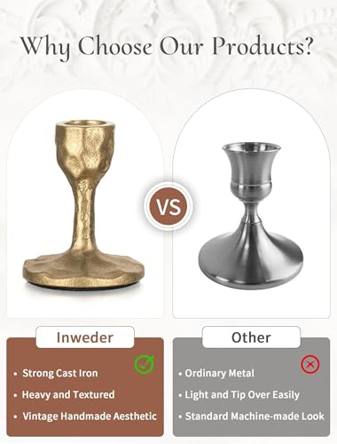 Inweder Antique Brass Candlestick Holders Cast Iron Taper Candle Holder Handcrafted Gold Vintage Candle Sticks Holder Rustic Fall Decor for Dinning Table Mantel Home Party Set of 2 - Image 3