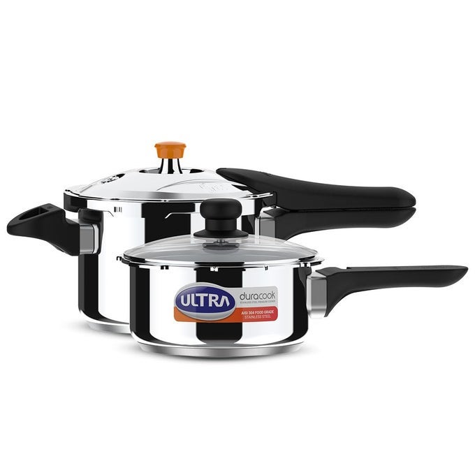 DURACOOK MINI CELEBRATIONS PACK OF 2L 3L PRESSURE COOKERGIFTINGSS304 FOODGRADEINTERCHANGEABLE LIDSFROTHCOLLECTORINDUCTION3 LAYER COMPOSITE BASESOLID BAKELITE HANDLESISI10Y WARRANTY
