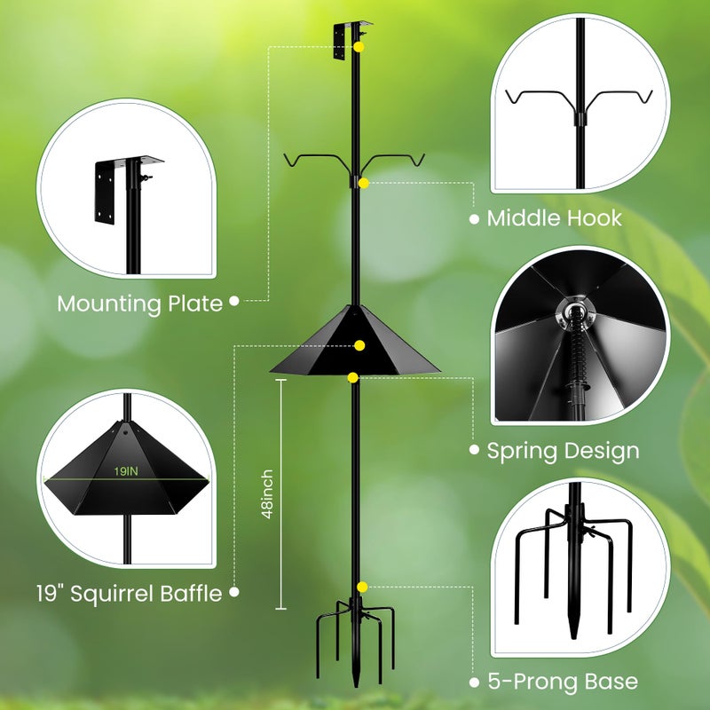YINGYM Bird Feeder Pole, 79 Inch Heavy Duty Bird House Pole Mount Kit for Outdoors, Adjustable Feeding Stand, with 2-Hooks, Metal Squirrel Baffle and 5-Prong Base, Black - Image 2