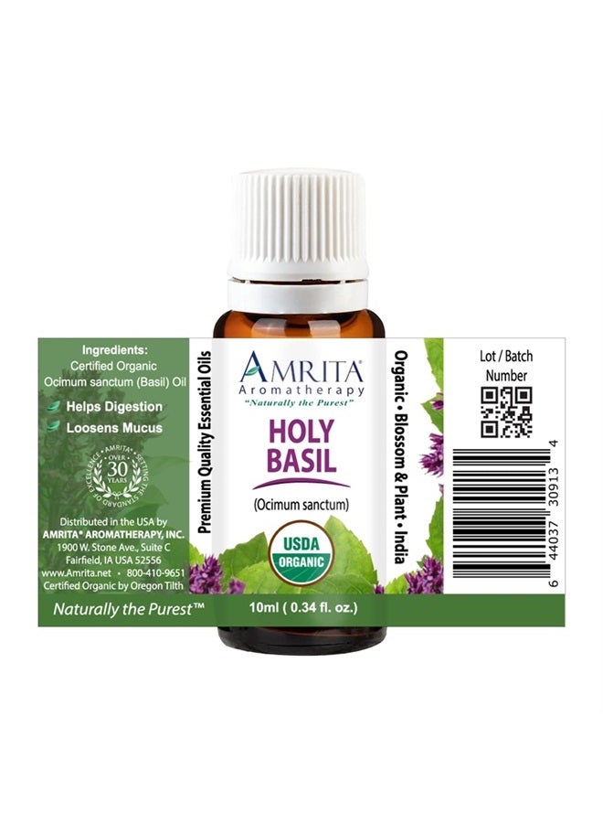 Amrita Aromatherapy: Organic Holy Basil (Tulsi) Essential Oil; 100% Pure and Undiluted Ocimum Sanctum; Premium Quality Aromatherapy Oil; Tested and Verified, Size: 10 mL (0.34 Fl. Oz.)