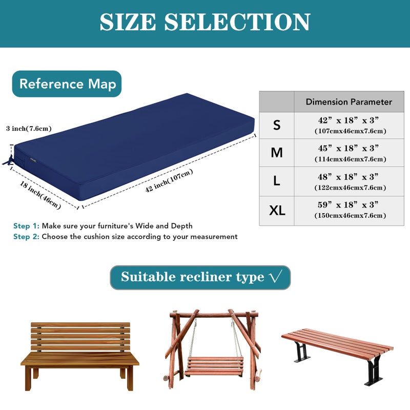 Comcaver Outdoor Bench Cushions 48 x 18 Inch Thick Waterproof Porch Swing Cushions with Tie Patio Furniture Chair Cushion Bench Pad 5 Year Color Fastness Backyard Seat Pads Navy - Image 5