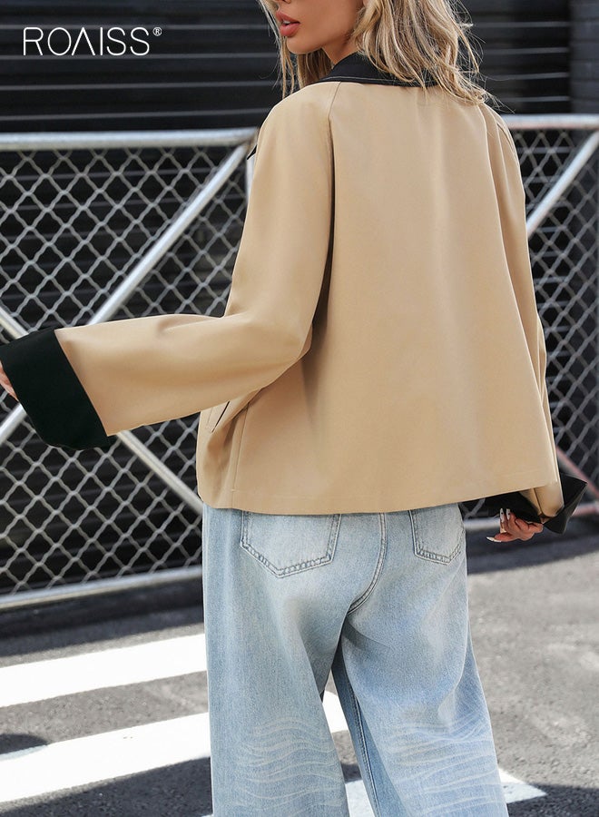 roaiss Women's Lightweight Jacket Minimalist Aesthetic Short-Length Color-Blocked Contrast Button Jacket Casual Relaxed Fit Lightweight Jacket with Pockets Street Style, Khaki - Image 5