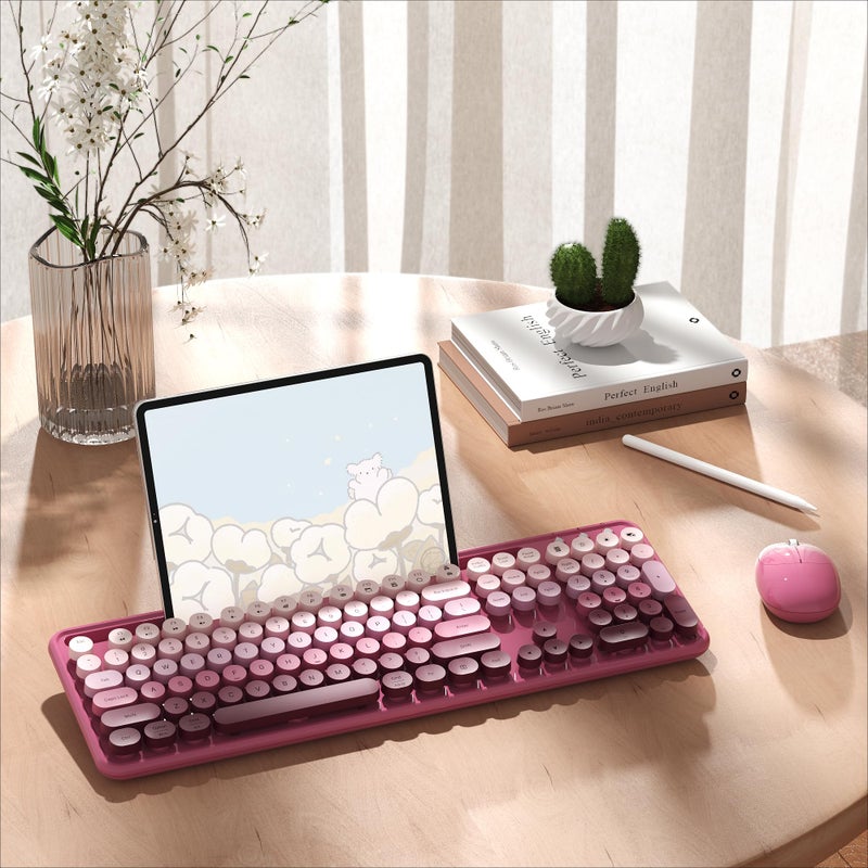 MPTOG Colorful Wireless Computer Keyboard and Mouse Combo with Phone Holder, Wrist Rest, Typewriter Keys, 2.4GHz Wireless, Full-Sized Optical Mouse for PC and Laptop(Rose-Red Colorful) - Image 3