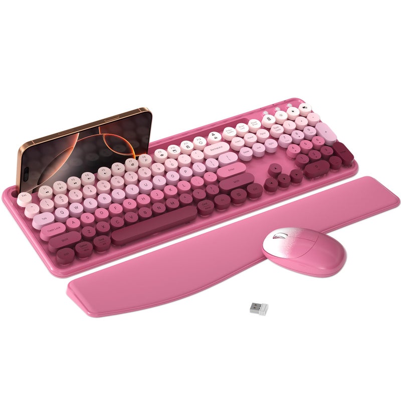 MPTOG Colorful Wireless Computer Keyboard and Mouse Combo with Phone Holder, Wrist Rest, Typewriter Keys, 2.4GHz Wireless, Full-Sized Optical Mouse for PC and Laptop(Rose-Red Colorful) - Image 1
