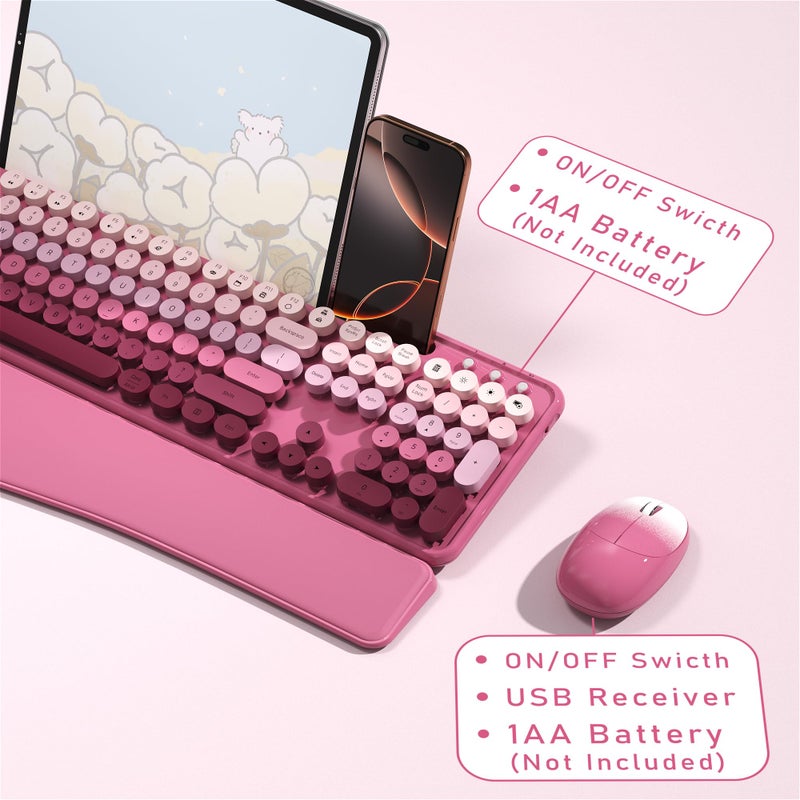 MPTOG Colorful Wireless Computer Keyboard and Mouse Combo with Phone Holder, Wrist Rest, Typewriter Keys, 2.4GHz Wireless, Full-Sized Optical Mouse for PC and Laptop(Rose-Red Colorful) - Image 5