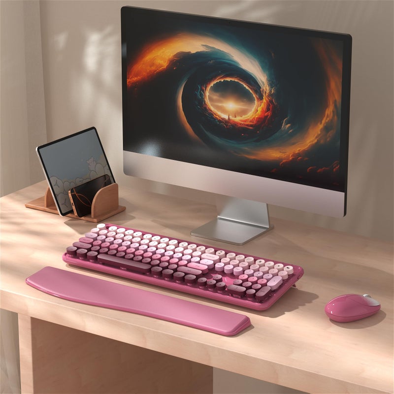 MPTOG Colorful Wireless Computer Keyboard and Mouse Combo with Phone Holder, Wrist Rest, Typewriter Keys, 2.4GHz Wireless, Full-Sized Optical Mouse for PC and Laptop(Rose-Red Colorful) - Image 2