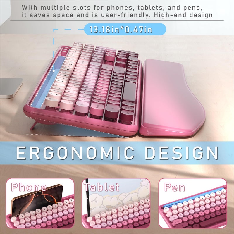 MPTOG Colorful Wireless Computer Keyboard and Mouse Combo with Phone Holder, Wrist Rest, Typewriter Keys, 2.4GHz Wireless, Full-Sized Optical Mouse for PC and Laptop(Rose-Red Colorful) - Image 4