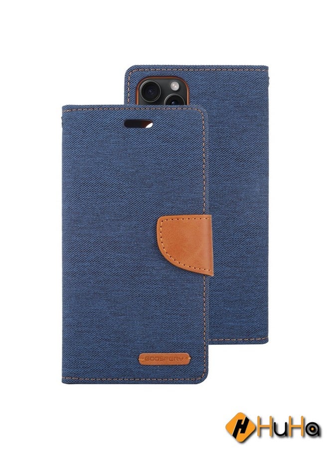 Generic - Case Cover For iPhone 15 Pro Max GOOSPERY CANVAS DIARY Fabric Texture Flip Leather Phone Case Navy Blue - Image 1