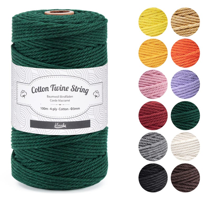 ilauke Macrame Cord 3mm x 100m Natural Macrame Cotton Cord DIY Craft Cotton Rope for Wall Hanging Plant Hangers Crafts Knitting Decorative Projects Green
