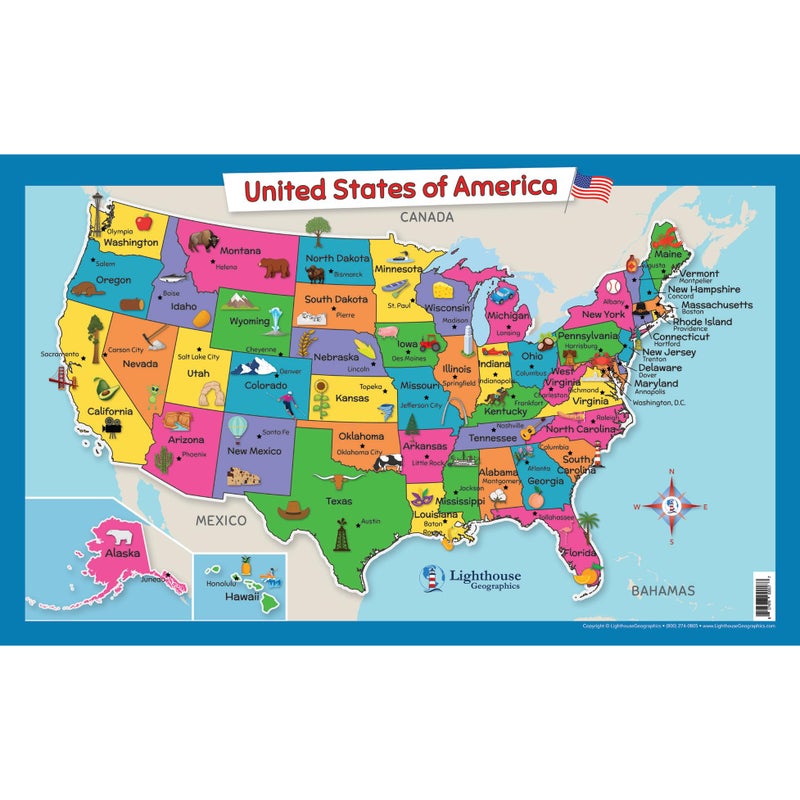 Lighthouse Geographics USA Wall Map for Kids with Illustrations- United States Poster Map for Home or Classroom, (18â€ x 29â€ Laminated) - Image 1