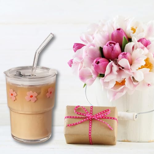 Olvini 13oz Glass Tumbler with Straw and Lid, Reusable Iced Coffee Cup Tumbler, Cute Glass Cups for Water, Matcha, Travel Coffee Mugs (Pink Flower) - Image 2