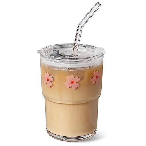 Olvini 13oz Glass Tumbler with Straw and Lid, Reusable Iced Coffee Cup Tumbler, Cute Glass Cups for Water, Matcha, Travel Coffee Mugs (Pink Flower) - Image 1