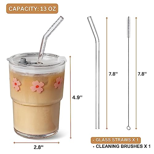 Olvini 13oz Glass Tumbler with Straw and Lid, Reusable Iced Coffee Cup Tumbler, Cute Glass Cups for Water, Matcha, Travel Coffee Mugs (Pink Flower) - Image 4
