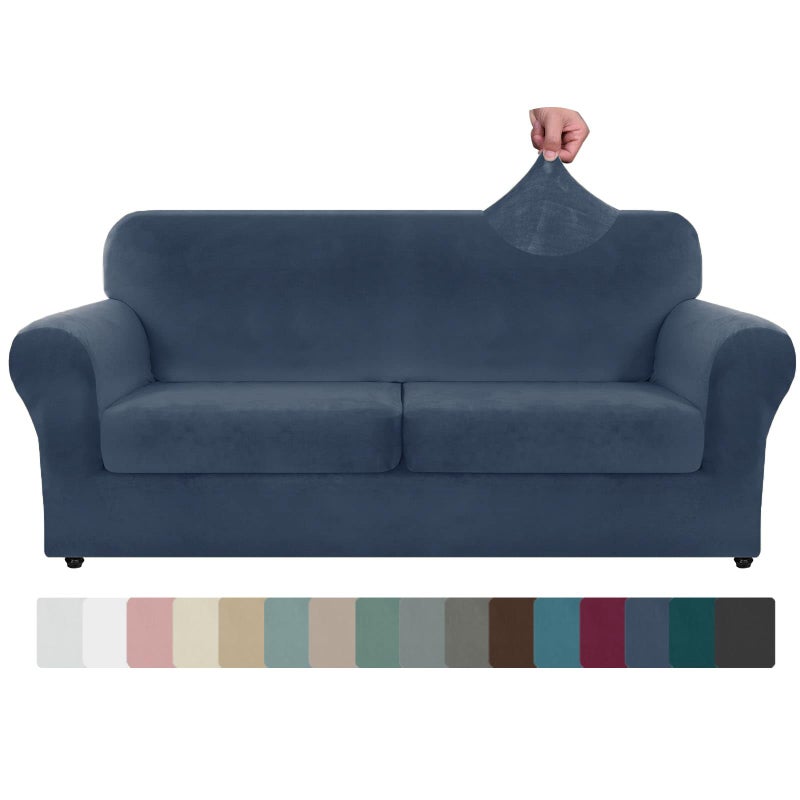 ZNSAYOTX Oversized Velvet 3 Piece Couch Cover with 2 Extra Large Seat Cushion Covers Stretch Sofa Cover for 2 Cushion Couch Thick Loveseat Sofa Slipcover for Living Room Navy 72922 Cushions