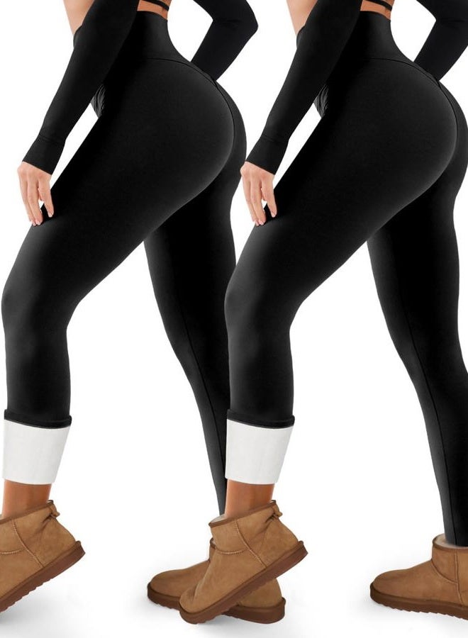 COOLOVER 2 Pack Fleece Lined Leggings Women Tummy Control High Waisted Workout Winter Warm Soft Yoga Pants, 01 Black+black, XL - Image 1