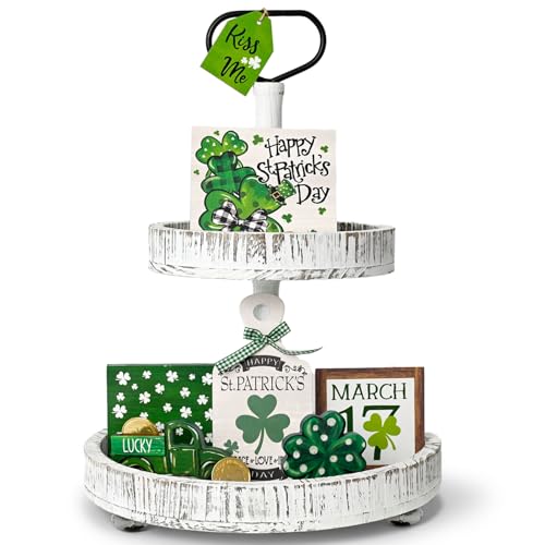 Sm:)e Smile StPatricks Day Wooden Decor Complete Tiered Tray Decor Set Shamrock Happy StPatricks Day Lucky Tabletop Shelf Lucky Holiday Decoration - Image 1