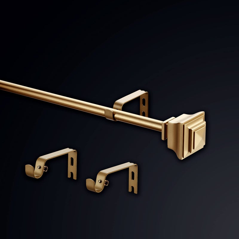 MODE Simplicity Collection 5/8" Diameter Curtain Rod Set with Square Curtain Rod Finials and Steel Wall Mounted Adjustable Curtain Rod, Fits 32â€ to 90â€ Windows, Gold