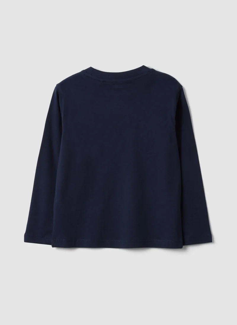 او في اس OVS Blue Cotton And Viscose Blend T-Shirt With College Print For Boys