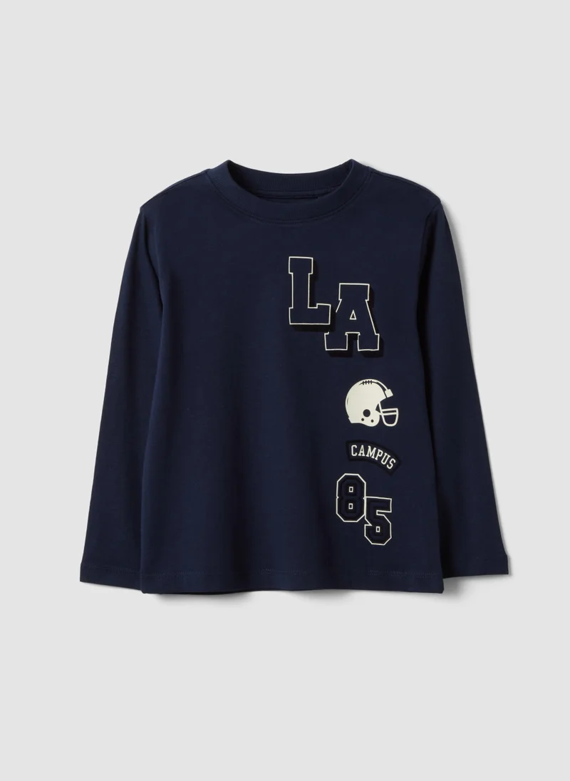 او في اس OVS Blue Cotton And Viscose Blend T-Shirt With College Print For Boys