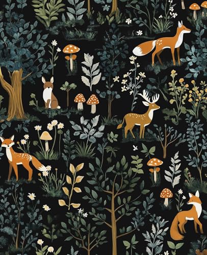 VOLEAAR Peel and Stick Wallpaper Thick Self Adhesive Vinyl Roll Removable Waterproof Contact Paper for Bedroom Bathroom Cabinet Accent Wall Dark Woodland Forest Animal Decor Black 175 x 118 - Image 1