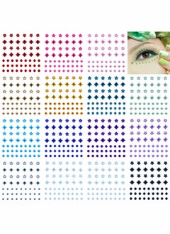 Face Jewels for Women Face Gems Stick on Self Adhesive Rhinestone Stickers Makeup Eye Face Hair Body Makeup Diamonds Nail Art DIY Craft Scrapbooking Decoration,15 Colors 3 Shapes(Round Square Flower)
