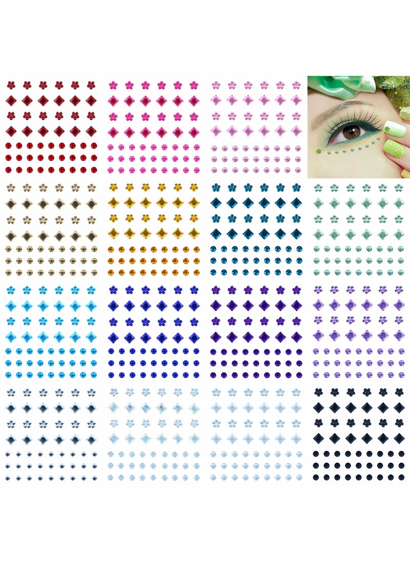 Excefore - Face Jewels for Women Face Gems Stick on Self Adhesive Rhinestone Stickers Makeup Eye Face Hair Body Makeup Diamonds Nail Art DIY Craft Scrapbooking Decoration,15 Colors 3 Shapes(Round Square Flower) - Image 1