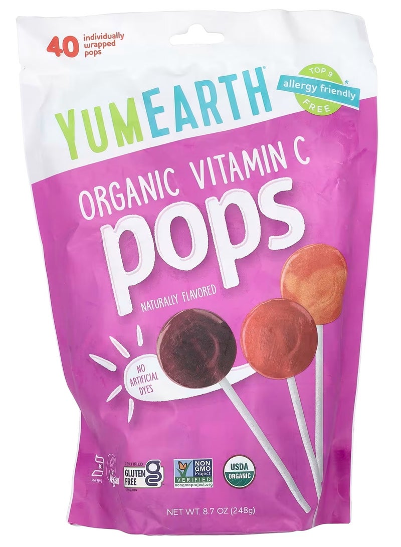 YumEarth Yum Earth, Organic Vitamin C Pops, Naturally Flavored, 40 Individually Wrapped Pops, 8.7 oz (248 g) - Image 1