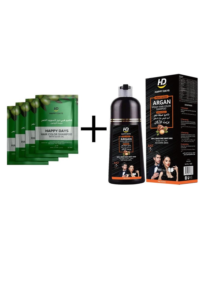 HAPPY DAYS Argan Hair Color Shampoo Natural Black 420ml + 4 PCS HAPPY DAYS HAIR COLOR SHAMPOO WITH OLIVE IOL - Image 1