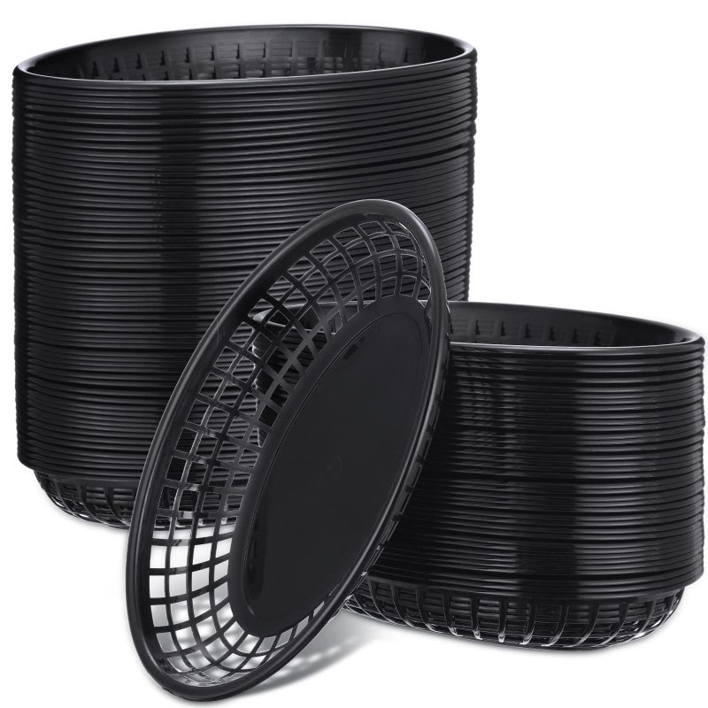 Potchen 100 Pcs Fast Food Baskets 89 x 55 Inch Plastic Baskets for Food Black Chip Tray Reusable Bread Fry Oval Serving Tray for Restaurant Supplies Hot Dog Deli Serving Chicken