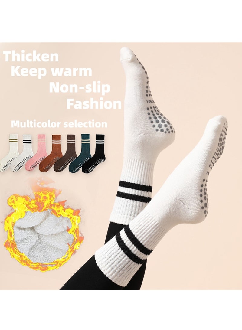 NOVOLAN Women's Yoga Socks Autumn & Winter Pilates Socks Fitness Socks Stockings Anti-Slip Particles Yoga Socks Cotton Women's Mid-Tube Terry Sports Socks Ballet Dance Thick Warm (white) - Image 2