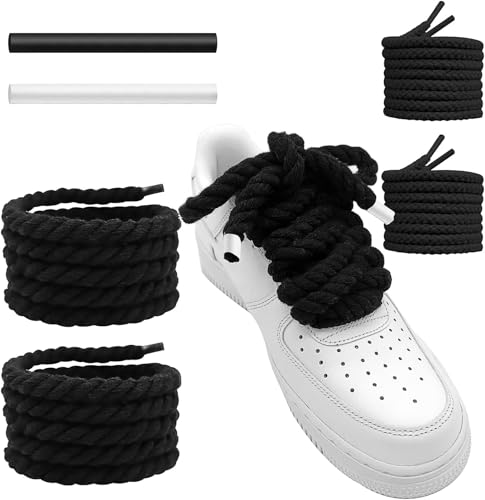 UamGlsob 2/5''(10mm) Thick Rope Shoe Laces for Air Force 1, Round Cotton Chunky Shoelaces Replacement Strings for Air Force One Sneakers (Black, 54''/140cm) - Image 1