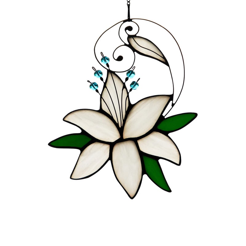 HAOSUM Women Birthday White Lily Flower Gift for Her Floral Gift Stained Glass Window Hangings Suncatcher Anniversary Love Gifts for Mom Grandma Aunt Sister 