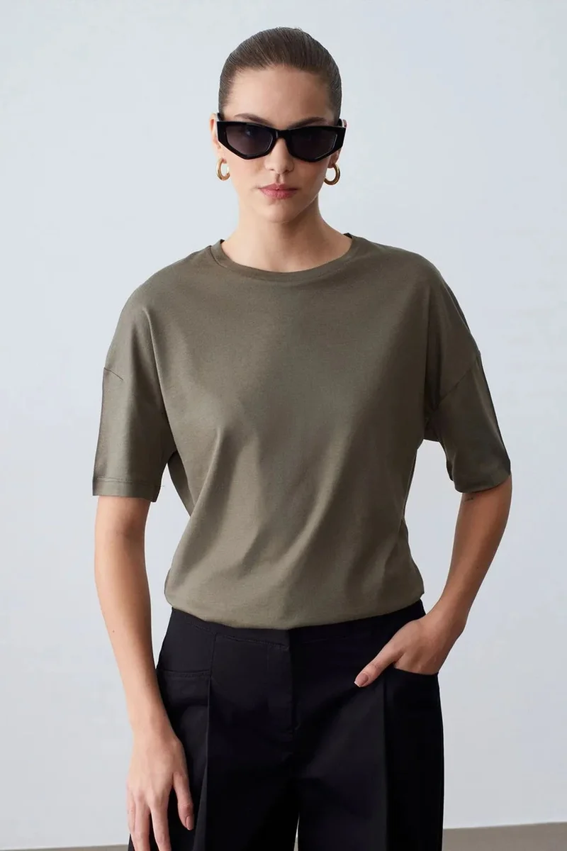 Dilvin Khaki Green DILVIN Women's Cotton Crew Neck T-Shirt for Women | Best Price UAE