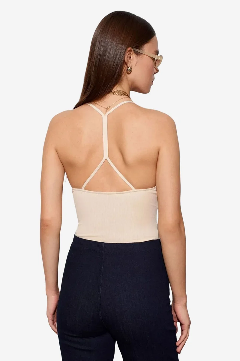Dilvin Beige Natural DILVIN Slim Fit Cut-Out Halter Bodysuit for Women | Best Price UAE