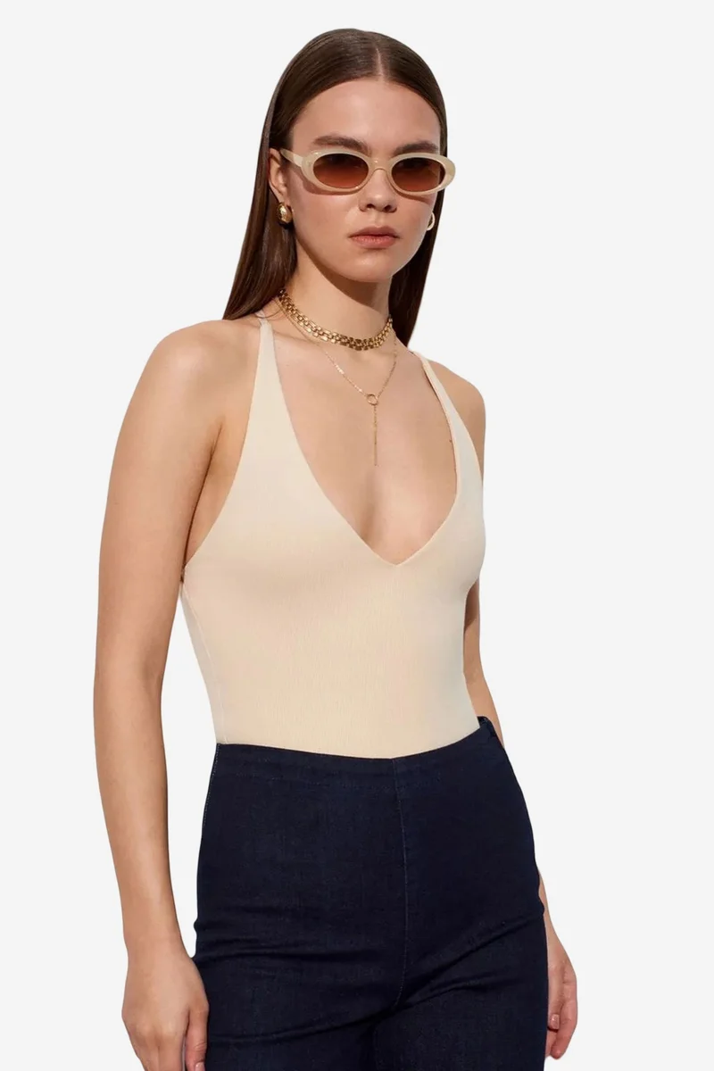 Dilvin Beige Natural DILVIN Slim Fit Cut-Out Halter Bodysuit for Women | Best Price UAE