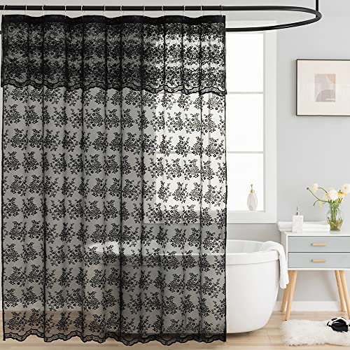 TUDECO Black Lace Shower Curtain with Attach Valance, Dark Gothic Shower Curtain Vintage Floral Sheer Halloween Shower Curtain for Bathroom Victorian Moody Witchy Goth Decor 72 x 72 Inch - Image 1