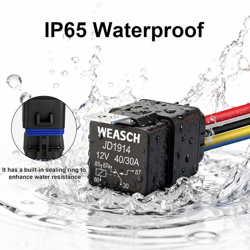10 قطع طقم مرحل مقاوم للماء، 12V 40A، 5 سنون SPDT، أسلاك نحاسية مطلية بالقصدير عالية التحمل 14 AWG، مجموعة مرحل وأسلاك للسيارات والقوارب البحرية (10) - Image 3