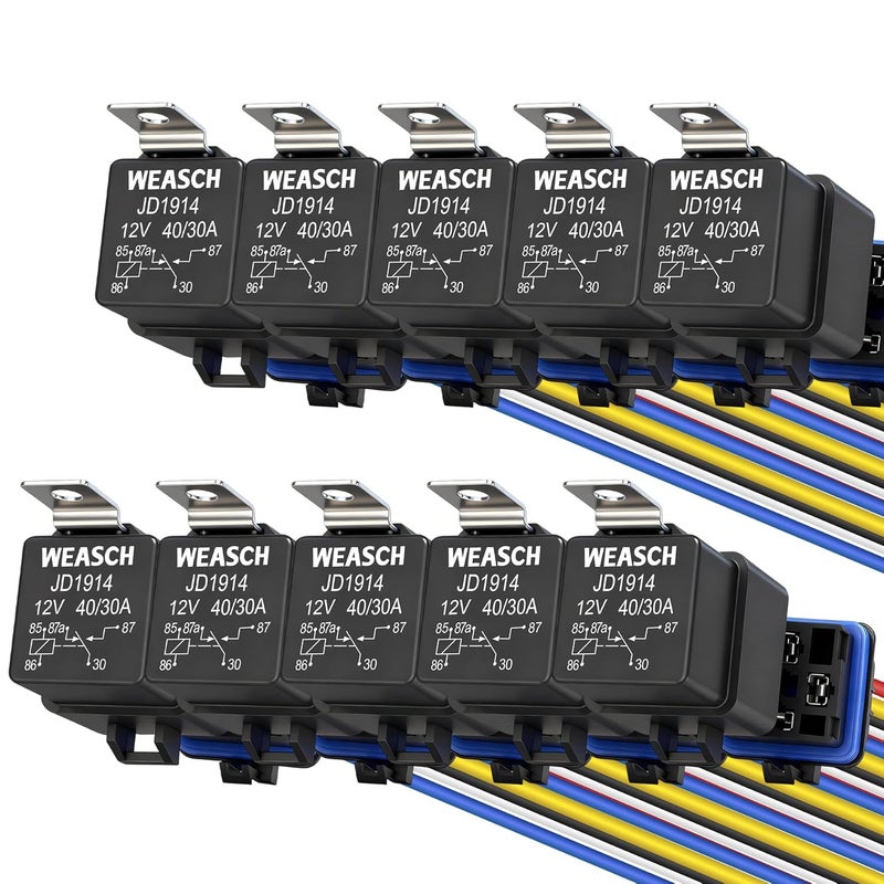 10 قطع طقم مرحل مقاوم للماء، 12V 40A، 5 سنون SPDT، أسلاك نحاسية مطلية بالقصدير عالية التحمل 14 AWG، مجموعة مرحل وأسلاك للسيارات والقوارب البحرية (10) - Image 1