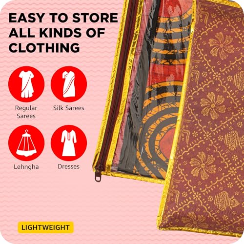 LAXIS® Non-Woven Single Saree Bags Transparent Saree Covers with Zip, Saree Covers for Storage, Wardrobe Organizer Saree Bags Size-36x42x2 CM (Golden Red, Pack of 10) - Image 3