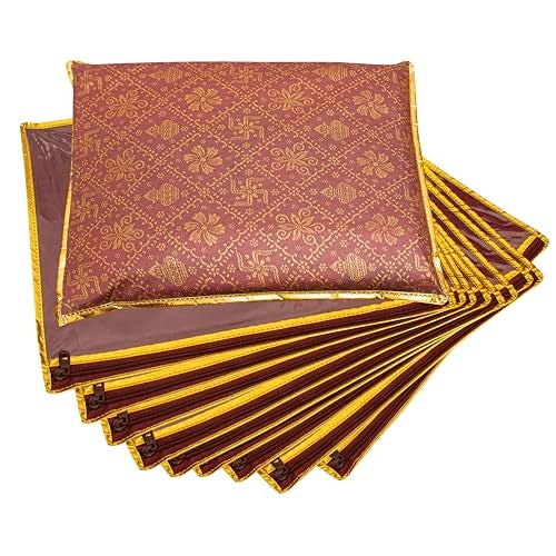 LAXIS® Non-Woven Single Saree Bags Transparent Saree Covers with Zip, Saree Covers for Storage, Wardrobe Organizer Saree Bags Size-36x42x2 CM (Golden Red, Pack of 10) - Image 1