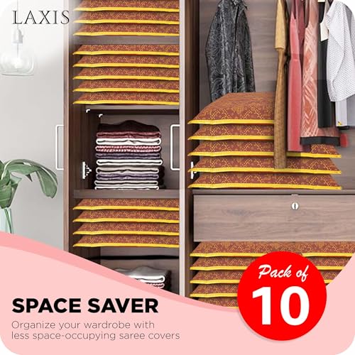 LAXIS® Non-Woven Single Saree Bags Transparent Saree Covers with Zip, Saree Covers for Storage, Wardrobe Organizer Saree Bags Size-36x42x2 CM (Golden Red, Pack of 10) - Image 2